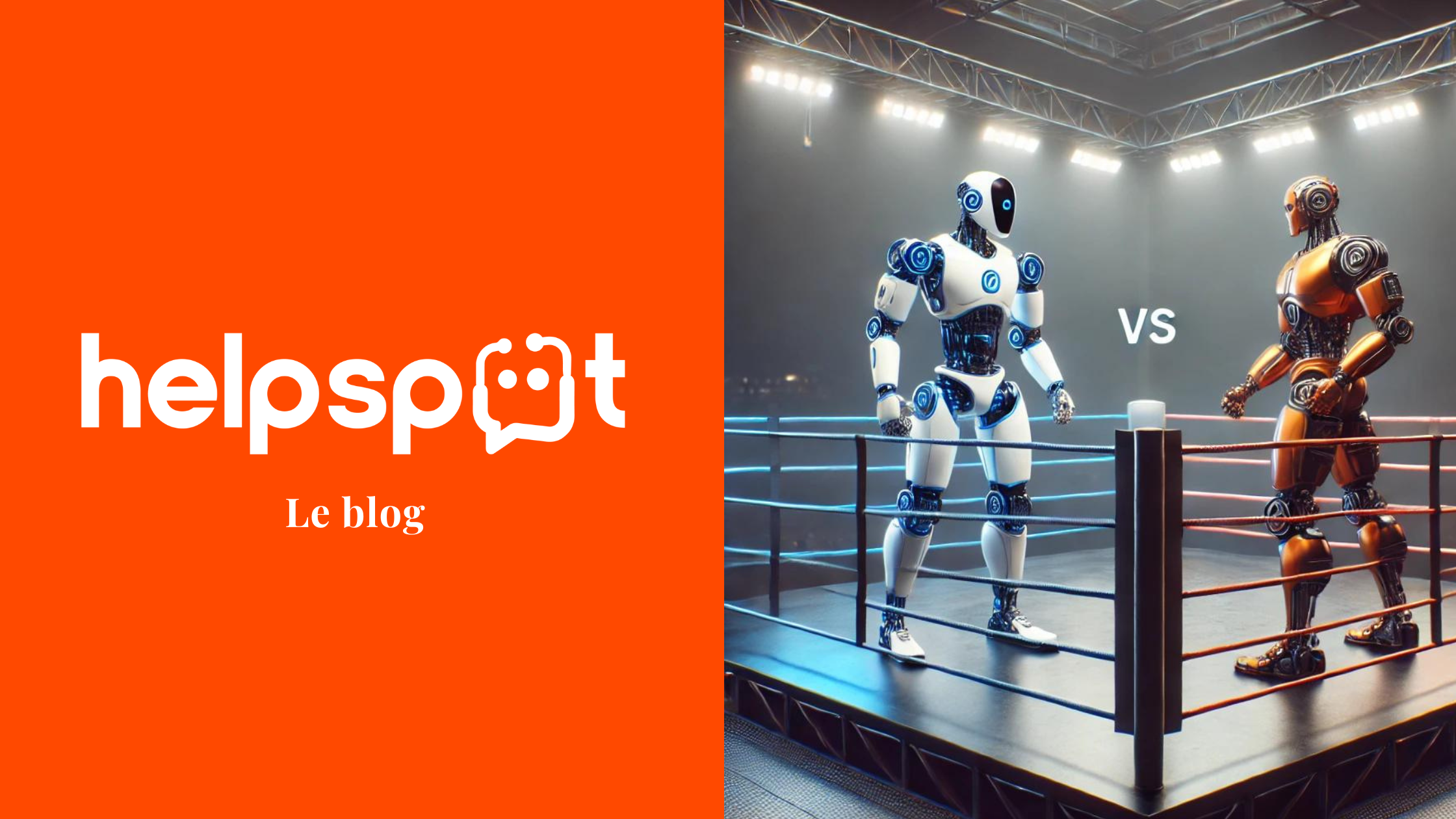 Image photoréaliste d'un ring de boxe où deux robots, l'un bleu et blanc représentant le CMS WordPress et l'autre orange représentant le CMS HubSpot, se font face en position de combat, symbolisant un affrontement technologique.